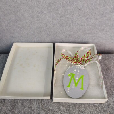 Christmas Ornament Monogram Letter M on Oval Mirror Colorful Ribbon