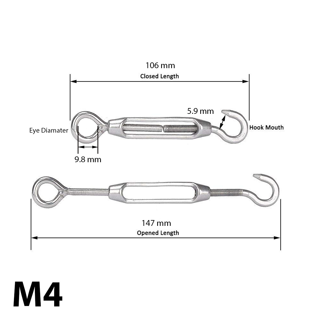 M4 Stainless Steel 304 Eye & Eye Turnbuckle Wire Rope Tension (5Pcs) - Intl Wire Rope Tensioner 5Pcs - | PH