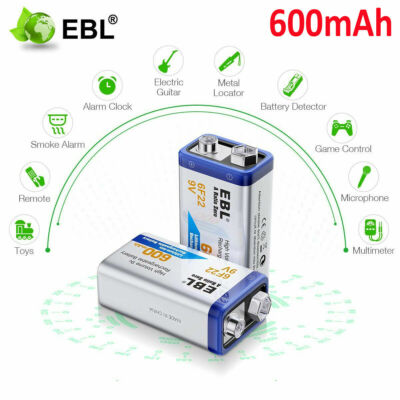 2Stk EBL 9V Akku Typ 600mAh NiMH 1,2V Batterien Akku Wiederaufladbar DE