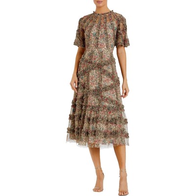 Mac Duggal Womens Beige Floral Print Ruffled Midi Dress 6 BHFO 4029