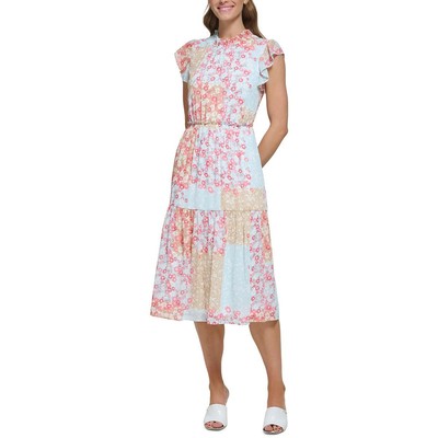 Женское синее облегающее платье-клеш с цветочным принтом DKNY 16 BHFO 5947