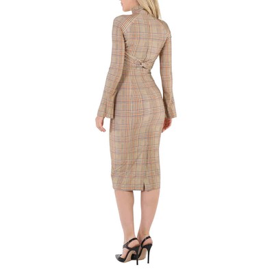 Pre-owned Burberry Ladies Dark Honey Cut-out Checked Midi Dress In Brown