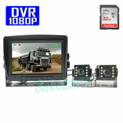 7'' IPS DVR 2-Split Monitor + 2x 4Pin HD 1080P 8LED IR Backup Reverse Camera 32GB