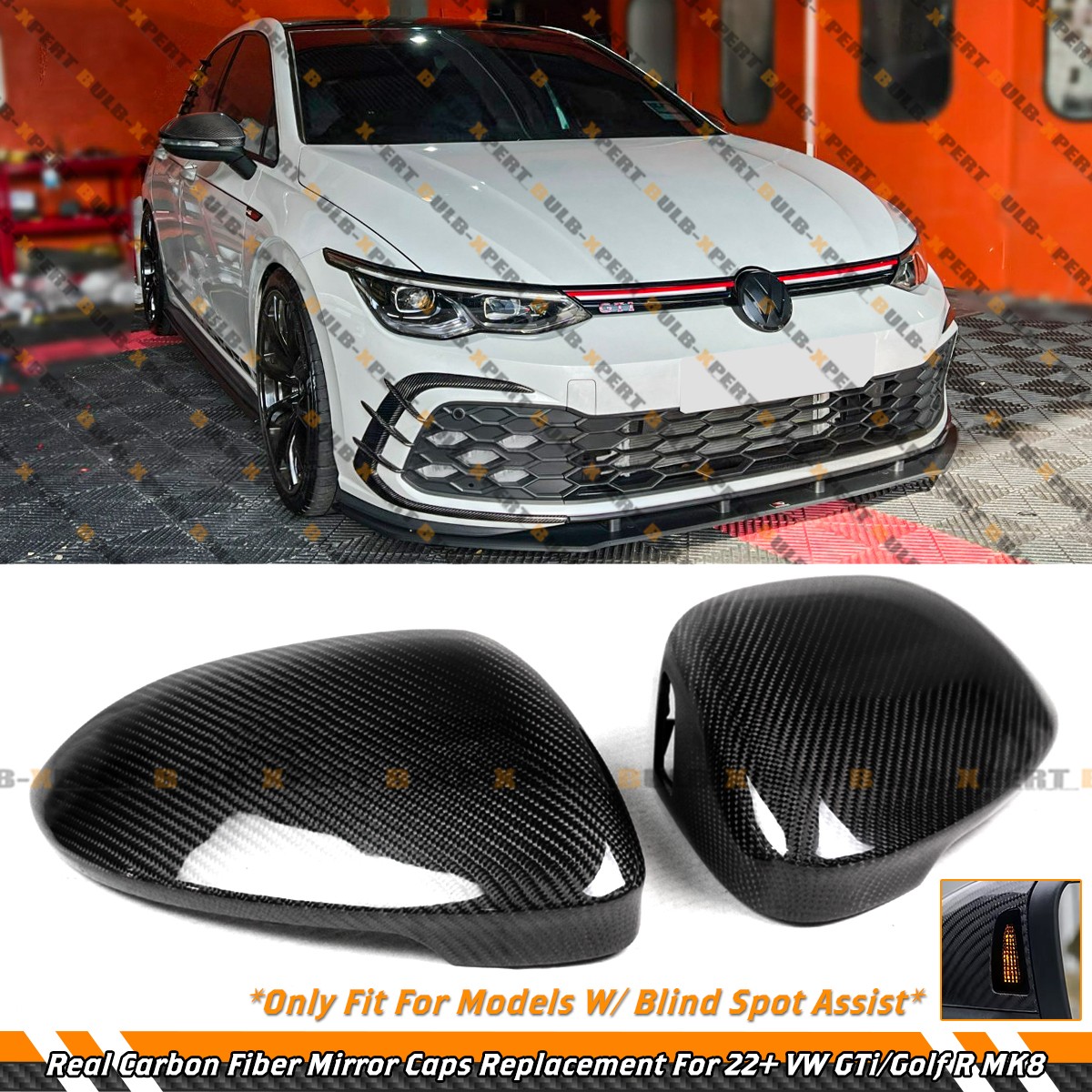 For 2022-26 VW Golf R GTI MK8 Carbon Fiber Side Mirror Cover Cap W/ Lane Assist