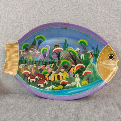 Hand Painted Fish Shaped Display Platter 14'' x 10'' Ceramic Colorful Imagery