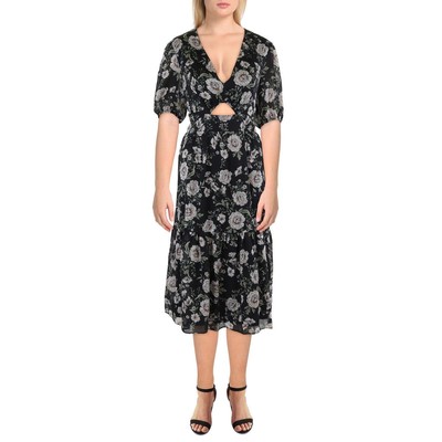 Bar III Womens Black Chiffon Floral Print Cut-Out Shift Dress L BHFO 5884