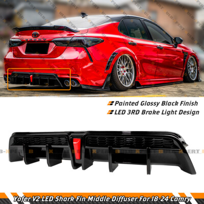 For 2018-2024 Toyota Camry SE XSE Yofer V2 Gloss Black LED Rear Bumper Diffuser