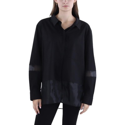 Женская черная рубашка на пуговицах с отделкой из поплина и органзы DKNY XS BHFO 8760