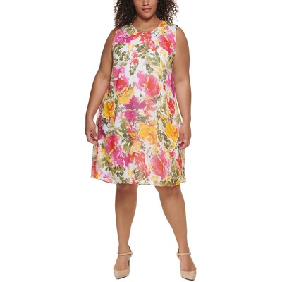 

Женское белое короткое мини-платье с цветочным принтом Calvin Klein Plus  BHFO 5741, Berry multi