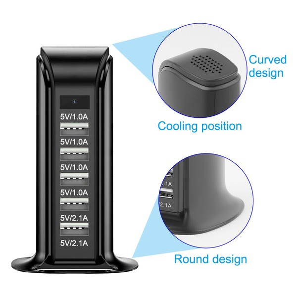 Multi-port USB charger with cooling feature and curved design.