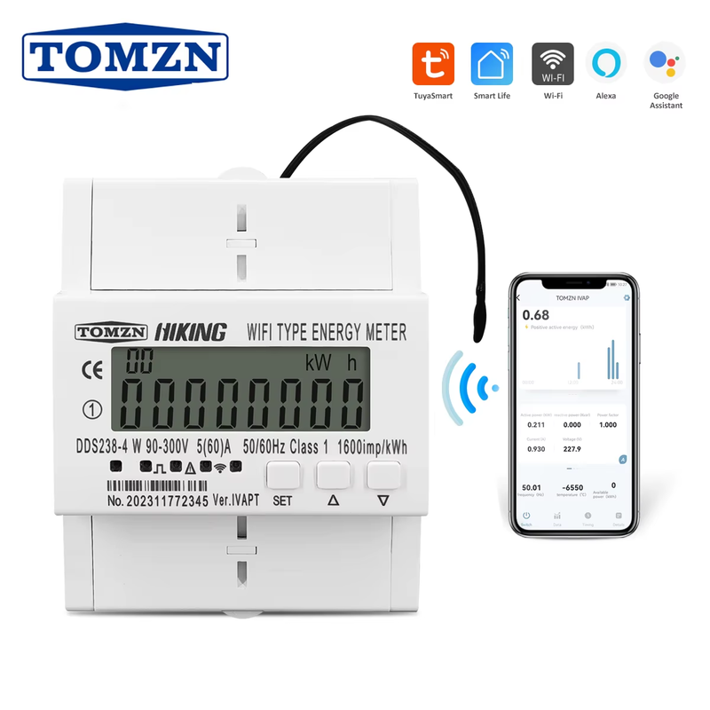 60A 90-300V TUYA WIFI Smart Leakage Energy Meter kWh Temperature Circuit Breaker