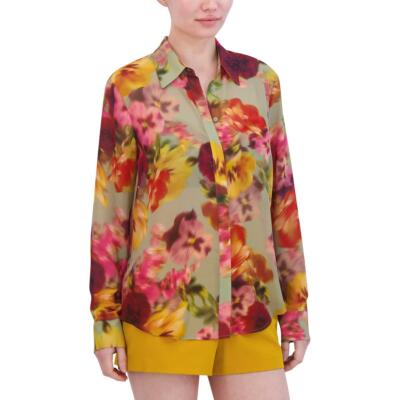 Женская шифоновая блузка с цветочным принтом BCBGMAXAZRIA, верхняя рубашка на пуговицах, BHFO 7486