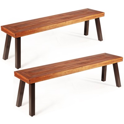 Topbuy 2 PCS Outdoor Acacia Wood Bench Patio Backless Dining Wood Bench