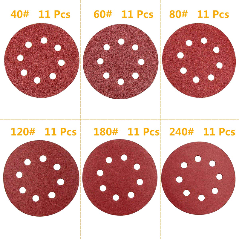 66Pcs 5 inch 8 Holes Sanding Discs 40/60/ 80/120/ 180/240 Grit Round Sandpaper A