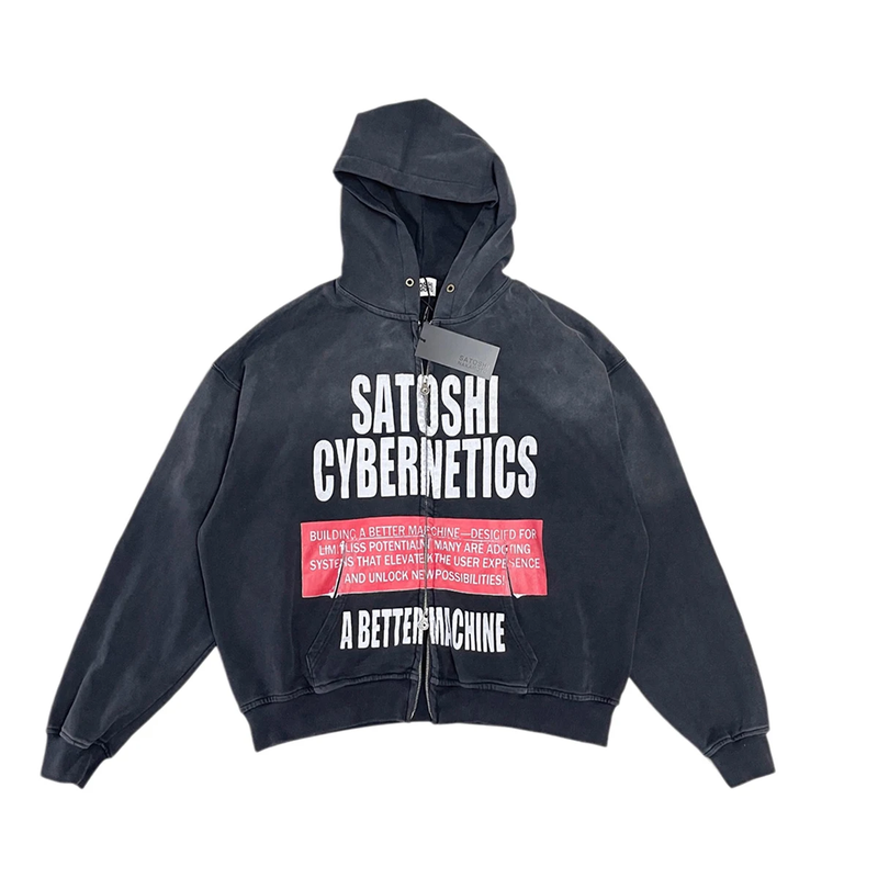 Satoshi Nakamoto Cybernetics Zip Up Hoodie 'Washed Black' Men's Cotton