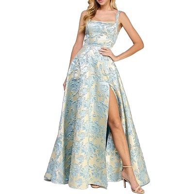 B. Darlin Womens Blue Floral Metalic Evening Dress Gown Juniors 5/6 BHFO 7212