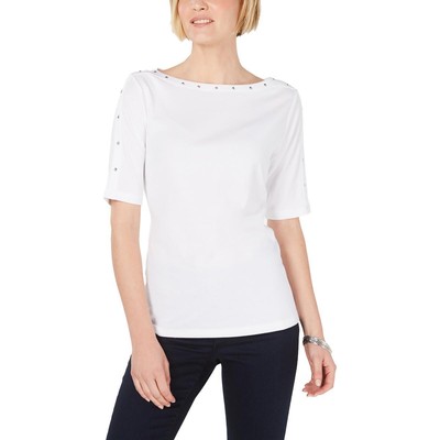 Женская белая футболка с вырезом лодочкой и заклепками Karen Scott, пуловер, верхняя рубашка XL BHFO 0824