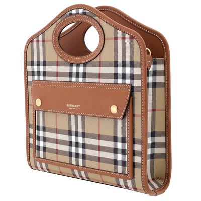 Pre-owned Burberry Ladies Briar Brown Check And Leather Mini Pocket Bag 8066166