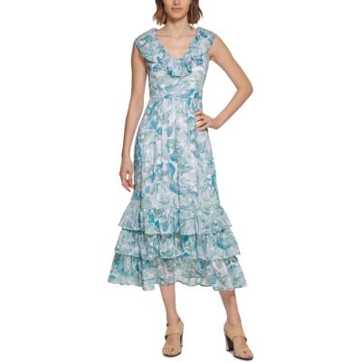 

Женское шифоновое многоуровневое платье макси с цветочным принтом Calvin Klein BHFO 4766, Jade multi