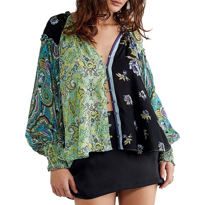 Free People Женская черная рубашка Gemini на пуговицах без воротника S BHFO 7126