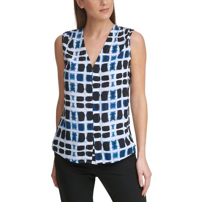 

DKNY Женская синяя блузка без рукавов с v-образным вырезом и принтом  BHFO 7964, Insignia blue multi