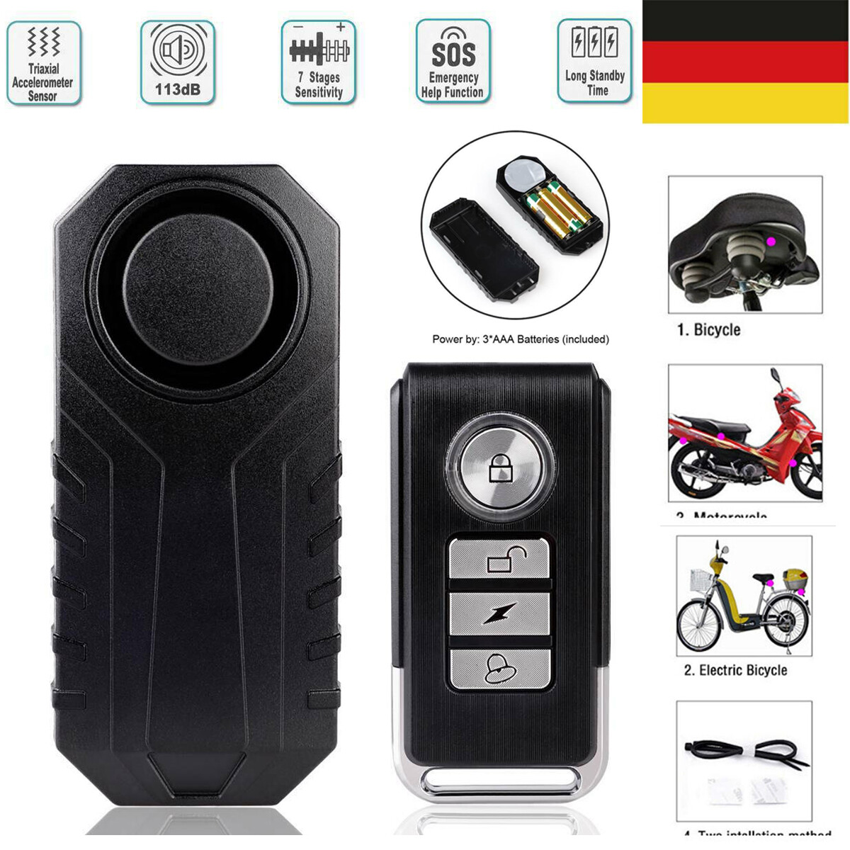 3 in 1 fahrradalarmanlage alarmschloss fahrrad lampe rücklicht leuchte licht