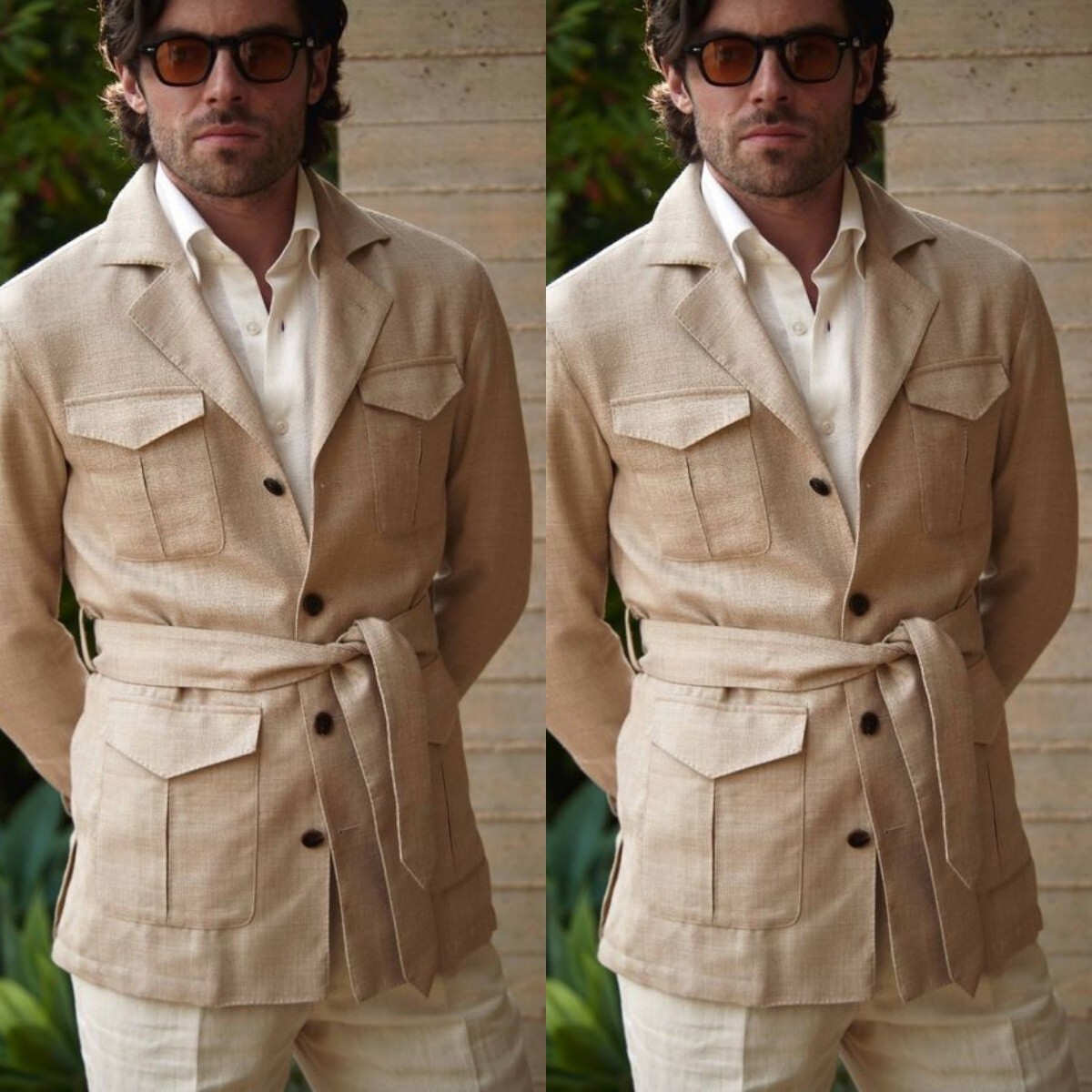 Beige Men Safari Jackets With Belt Four Pockets Casual Sport