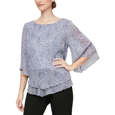 Alex Evenings Womens Purple Tiered Printed Metallic Blouse Top L BHFO 8556
