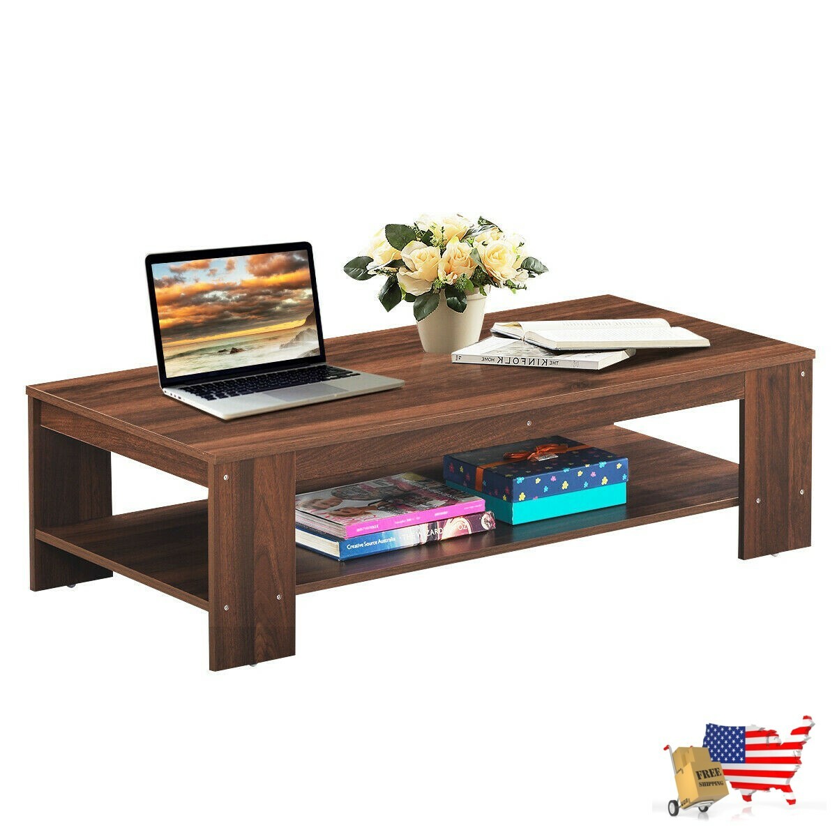 47" 2-Tier Rectangular Coffee Table with Storage Shelf | eBay