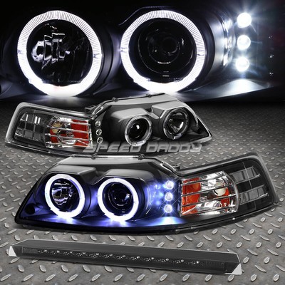 ЧЕРНЫЙ ДВОЙНОЙ ПРОЕКТОР HALO + СВЕТОДИОДНАЯ ФАРА + ЗАКОПЧЕННЫЙ 3-Й СТОП-СИГНАЛ ДЛЯ 99-04 MUSTANG