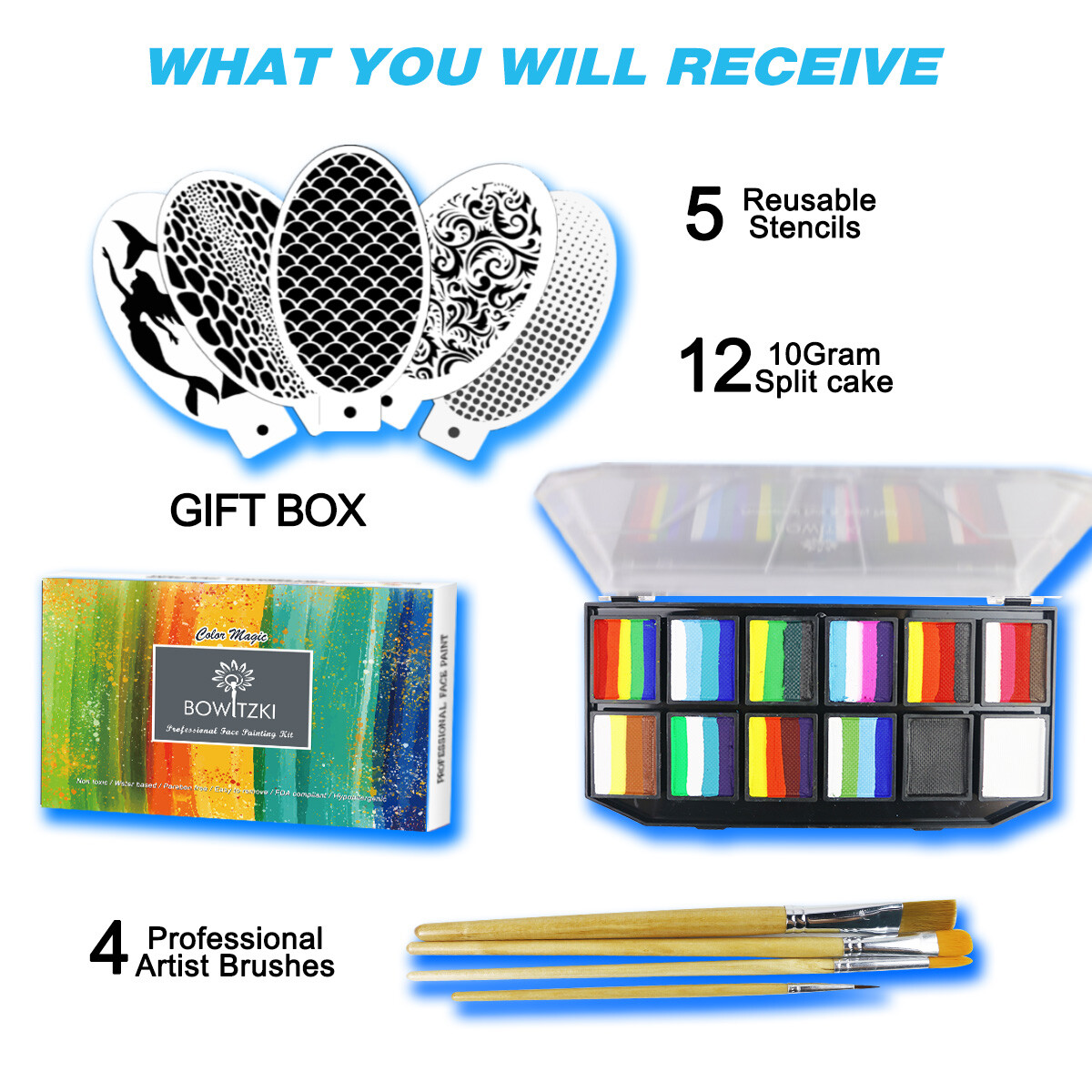 Bowitzki Professional Face Painting Kit For Artist With Pro Face Paint Brushes