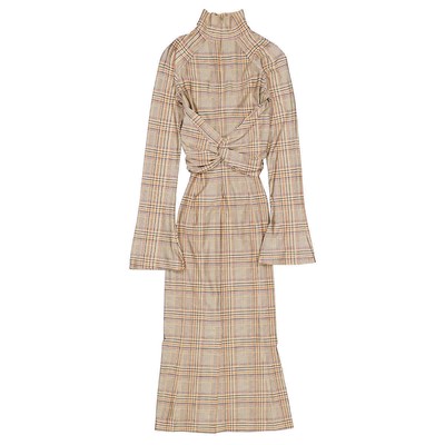 Pre-owned Burberry Ladies Dark Honey Cut-out Checked Midi Dress In Brown