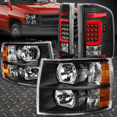 ДЛЯ 07-14 CHEVY SILVERADO ЧЕРНАЯ/ЯНТАРНАЯ БОКОВАЯ ФАРА + КРАСНЫЙ 3D СВЕТОДИОДНЫЙ ЗАДНИЙ ФОНАРЬ C-ОБРАЗНОЙ ПЛАНКОЙ