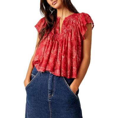 Женская хлопчатобумажная блузка с необработанным подолом и принтом Free People Top BHFO 5788