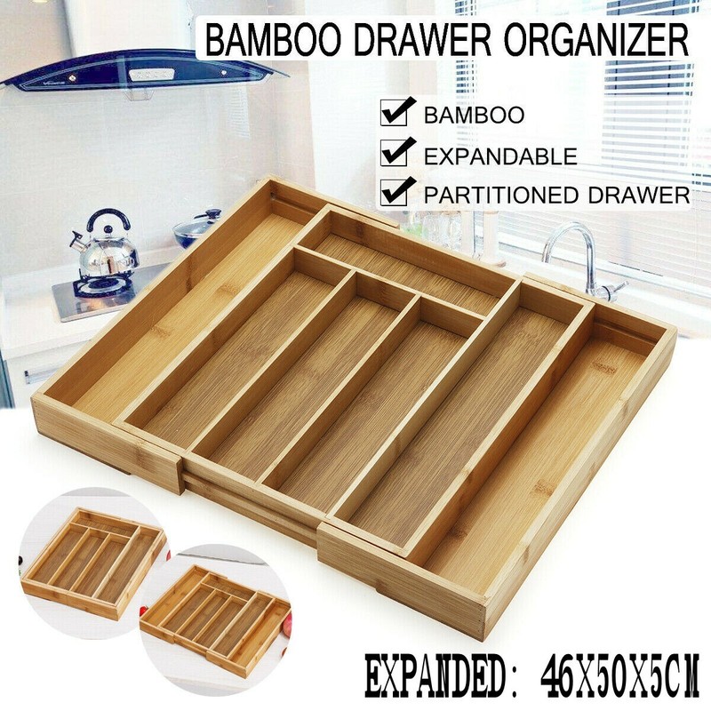 New Expandable Bamboo Cutlery Holder Utensil Tray Office Desk