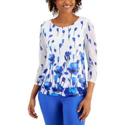 

Женская белая блузка с сетчатыми рукавами и цветочным принтом Kasper Petites  BHFO 9257, Mariner blue multi