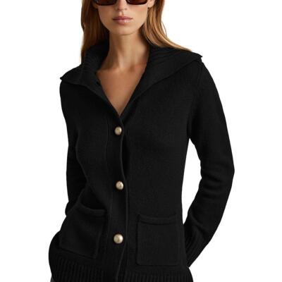 Reiss Womens Black Wool Blend Ribbed Trim Collar Cardigan Sweater S BHFO 8365