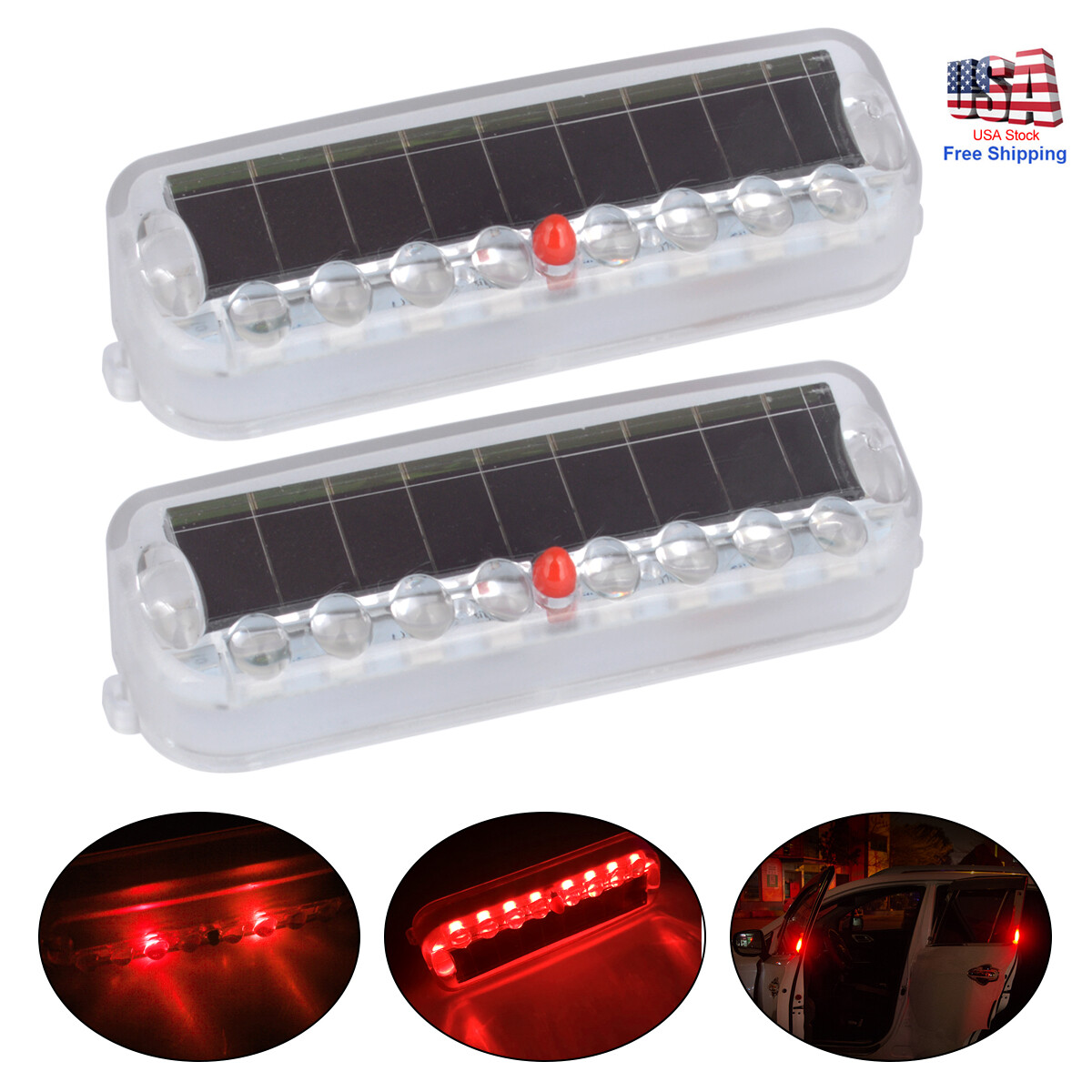 2Pcs Car Solar Power LED Fake Dummy Alarm Warning Security Anti-Theft Light Red