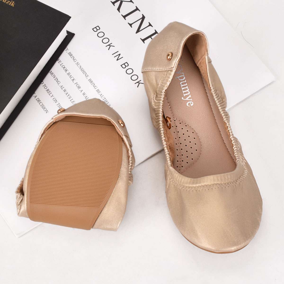 Womens Comfy Office / Travel Ballet Flats Round Toe Slip On Leather Ballet Flats