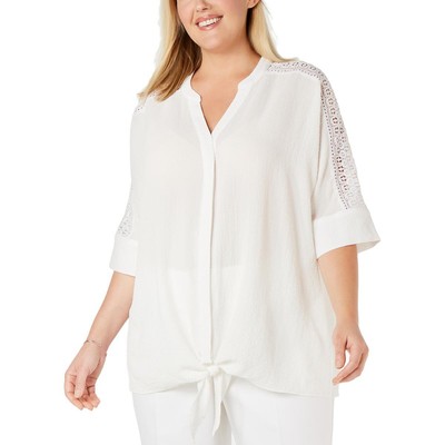 Женская белая кружевная блузка с коротким рукавом и завязками спереди от Alfani Плюс 2X BHFO 9789