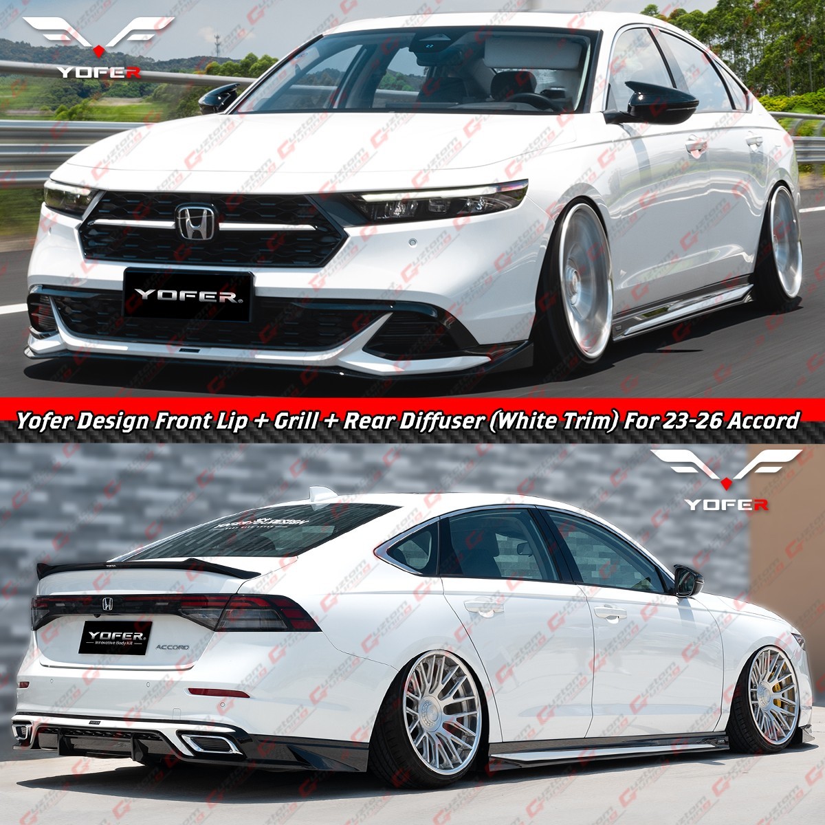 For 23-26 Accord 11th Yofer Pearl White Front Bumper Lip + Grill + Rear Diffuser
