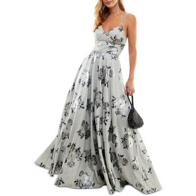 City Studios Женское серебряное вечернее платье с цветочным принтом и блестками для юниорок 5 BHFO 7549