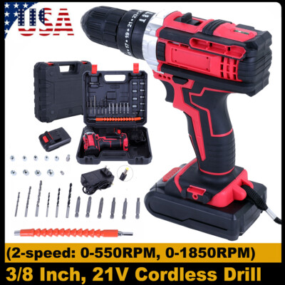 21V Cordless Drill 3/8'' Electric Screwdriver Max 33Nm Power Driver W/ Battery