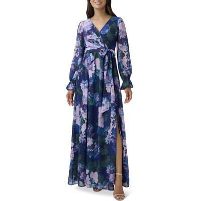 Adrianna Papell Womens Navy Floral Belted Wrap Dress Gown Plus 20W BHFO 1722