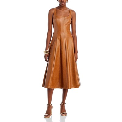 Avec Les Filles Womens Brown Faux Leather Seamed Swing Midi Dress S BHFO 0072