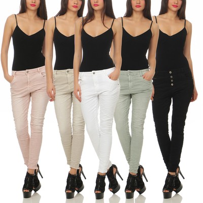 Lexxury Damen Jeans Hüfthose Baggy Pants Chino lange Hose Knöpfe Denim BF 334
