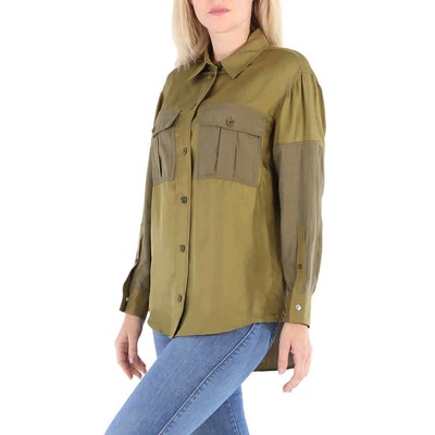 Pre-owned Burberry Ladies Dark Seaweed Green Ferne Panelled Oversized Shirt In Multicolor