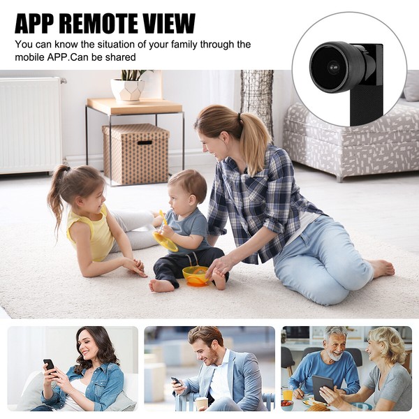 Family using app for remote home camera monitoring.
