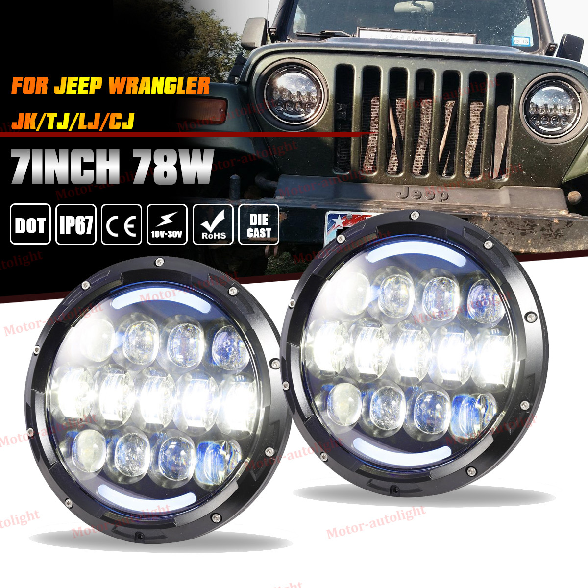 7/" INCH Round LED Headlight Projector H//L DRL for Motorcycle Harley Jeep 78W
