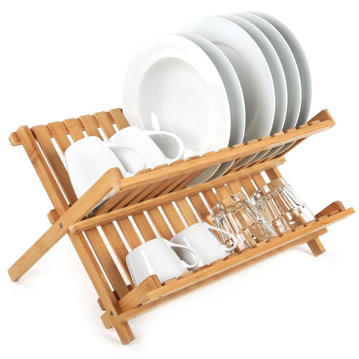 2 Tier Bamboo Wooden Dish Drainer Plate Rack Cup Holder Storage Folding Stand Ebay